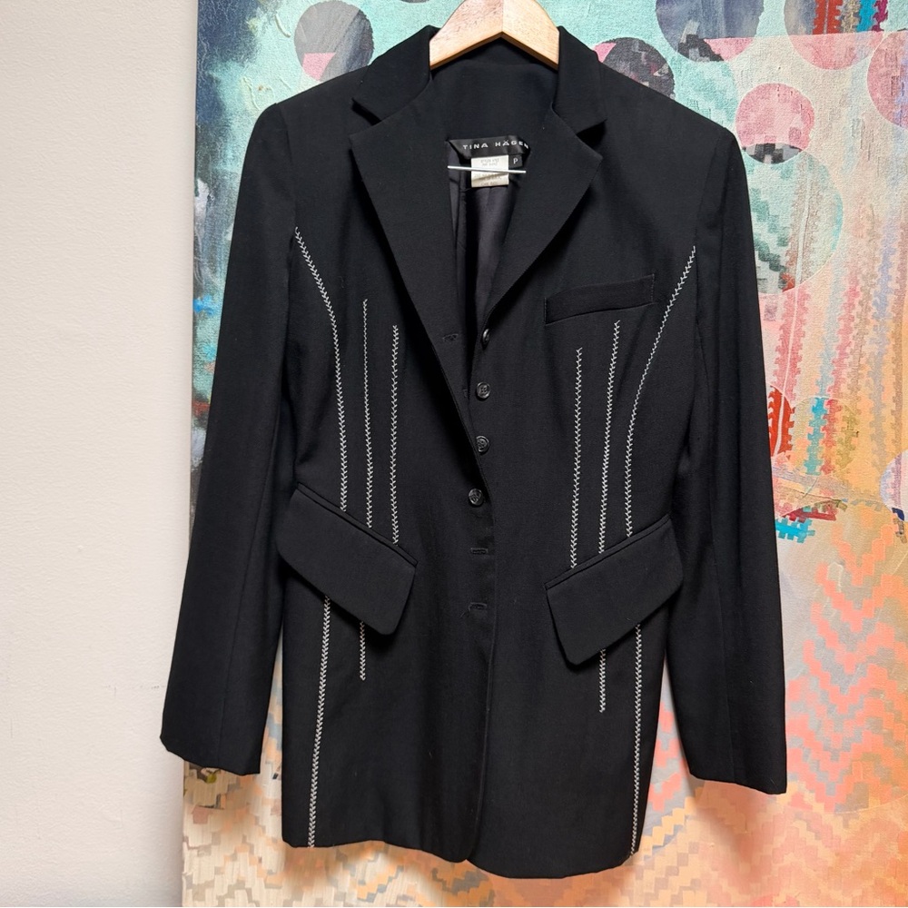 Vintage 90s Black & White Wool Embroidered Blazer sz Small